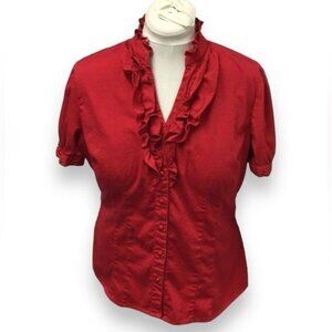 Bay Studio Career Women’s Ruffled Neckline Button Down Shirt Secretary Red XL